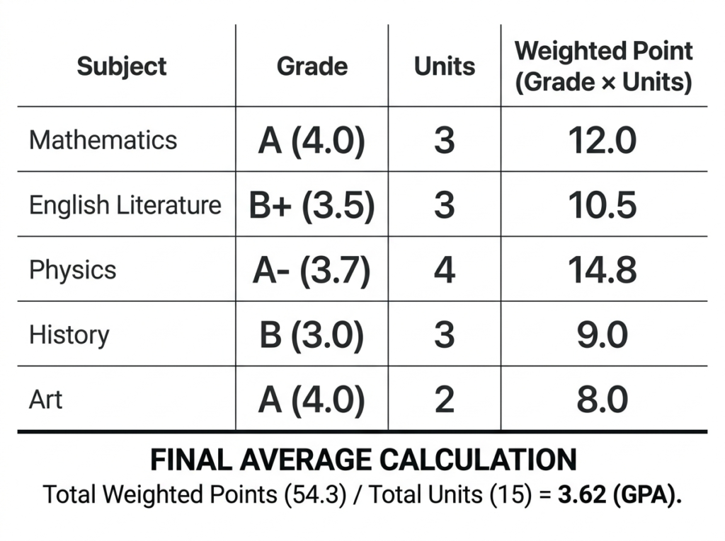 GWA calculation table showing subjects grades units and weighted average