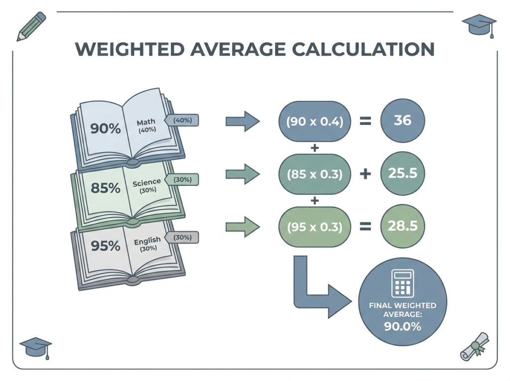 Weighted average calculation example using percentages and subject weights